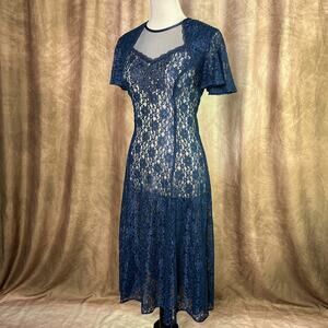 Vintage Lace Dress 90s Sheer Flutter Sleeve Lace Up Back Midi Victorian Gothic